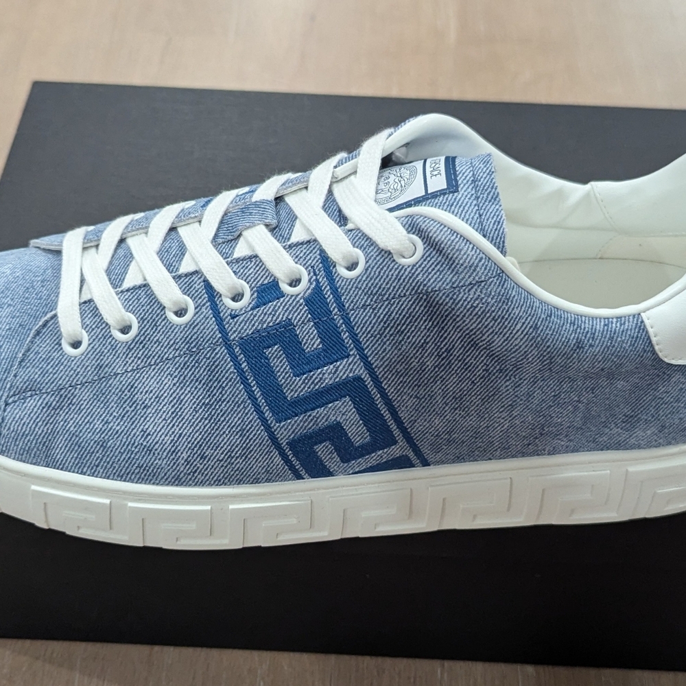 $925 VERSACE Odissea Greca Denim Look Suede Low-Top Sneakers Light Blue 45 US 12 - Picture 6 of 10